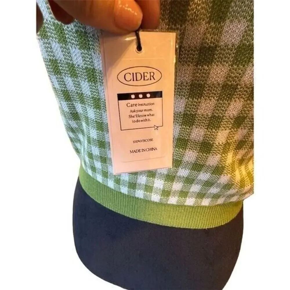 Cider Women's Green Checkered Knitted Plaid Cami Top Size L NWT